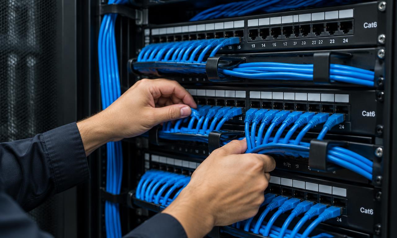 Technician organizing network cables in a rack